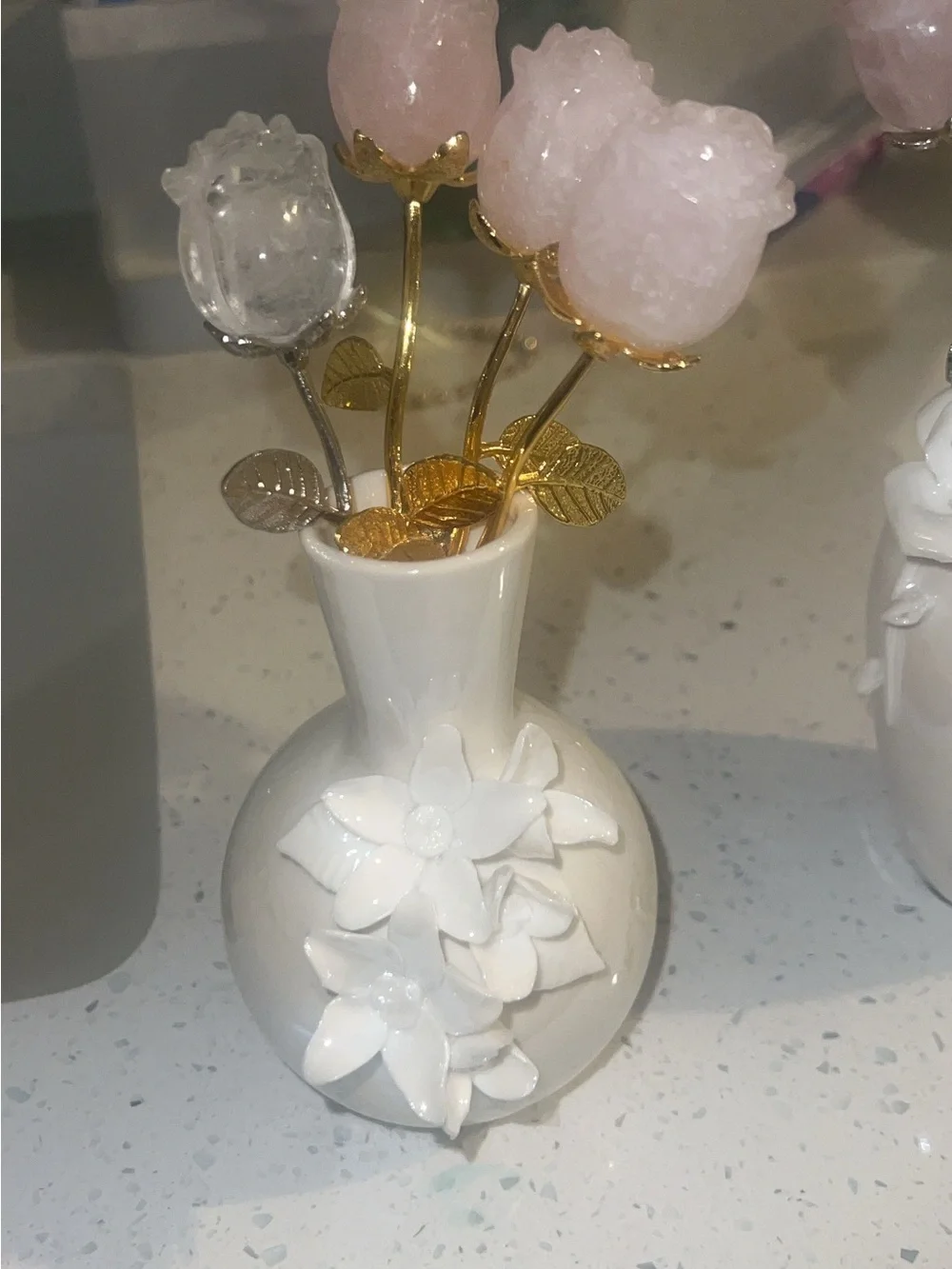 Creme Ceramic Rose Bud Vases with rose quartz/clear quartz Accent Flower Stems
